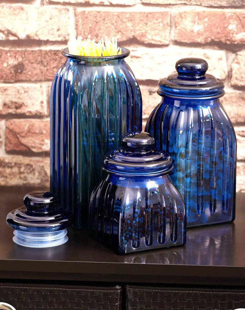 Navy Blue Glass Canister | Set of 3 Jars | Cereal Grain and Food Containers | Decorative Home Storage Décor and
