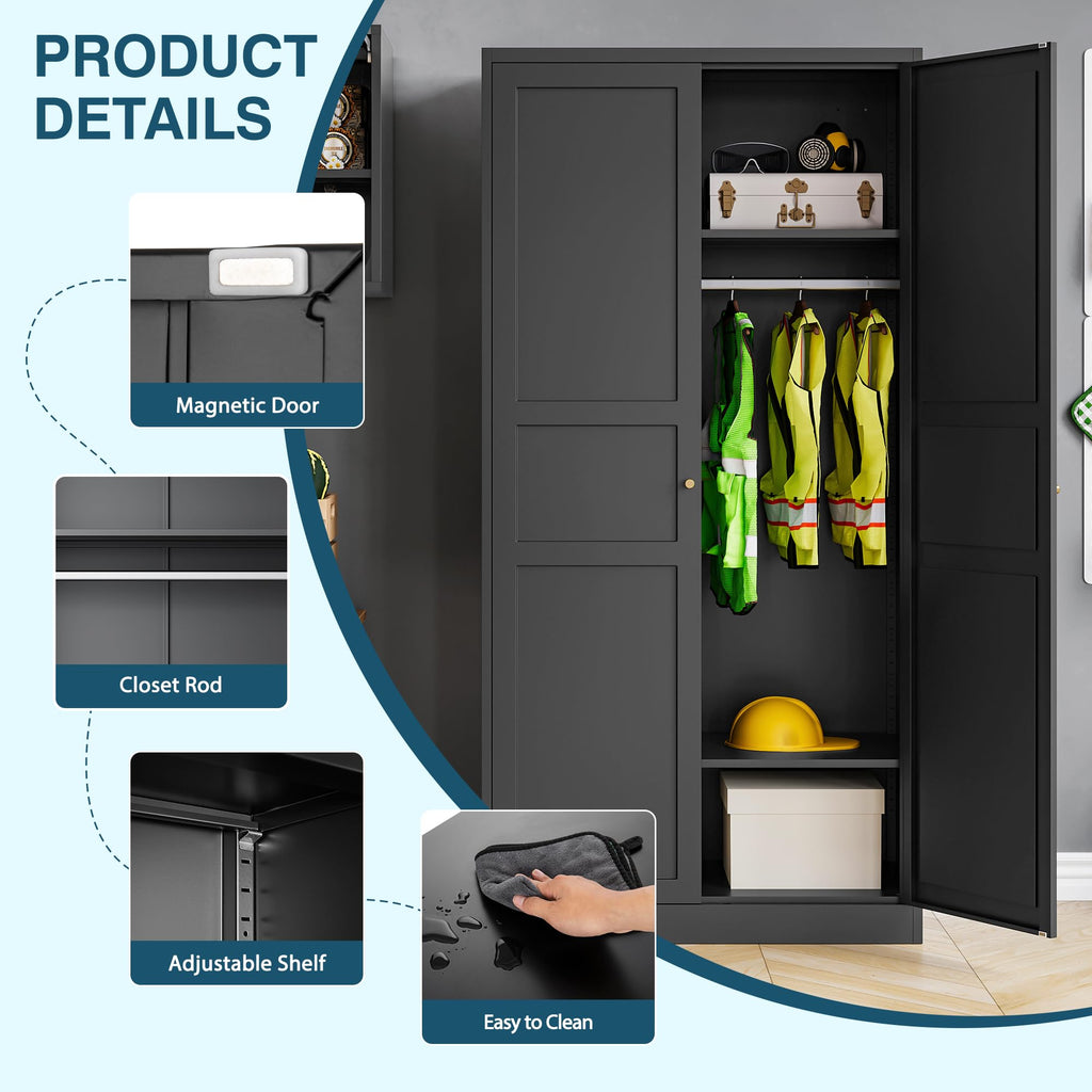 Wardrobe Closet with 2 Doors, 72" Metal Wardrobe Cabinet with Hanging Rod, Bedroom Armoires Laundry Room and Office