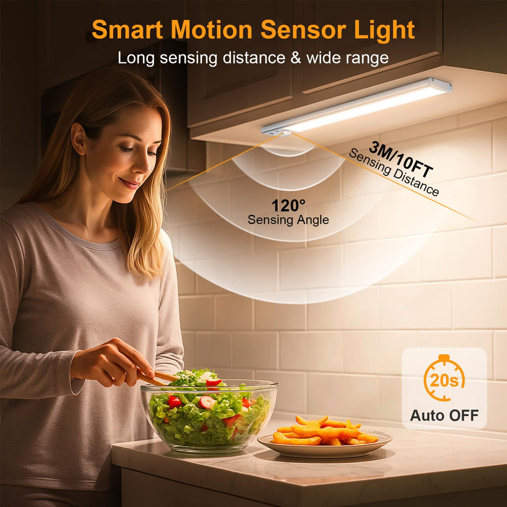 Under Cabinet Lighting 10.2inch,2 Pack Eye Caring 3-Color 4 Working Modes Dimmable Motion Sensor Light