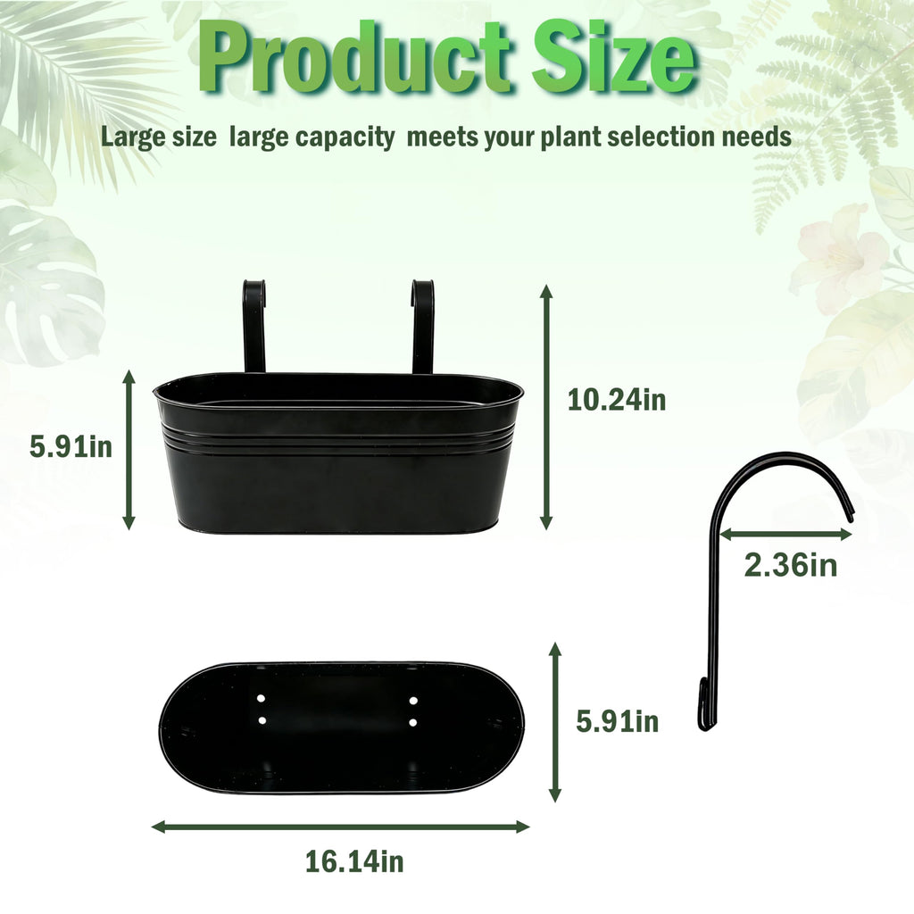 Metal Railing Planter Boxes 16 Inch, 3-Pack Adjustable Hanging Flower Pots for Balcony, Deck, Porch & Fence