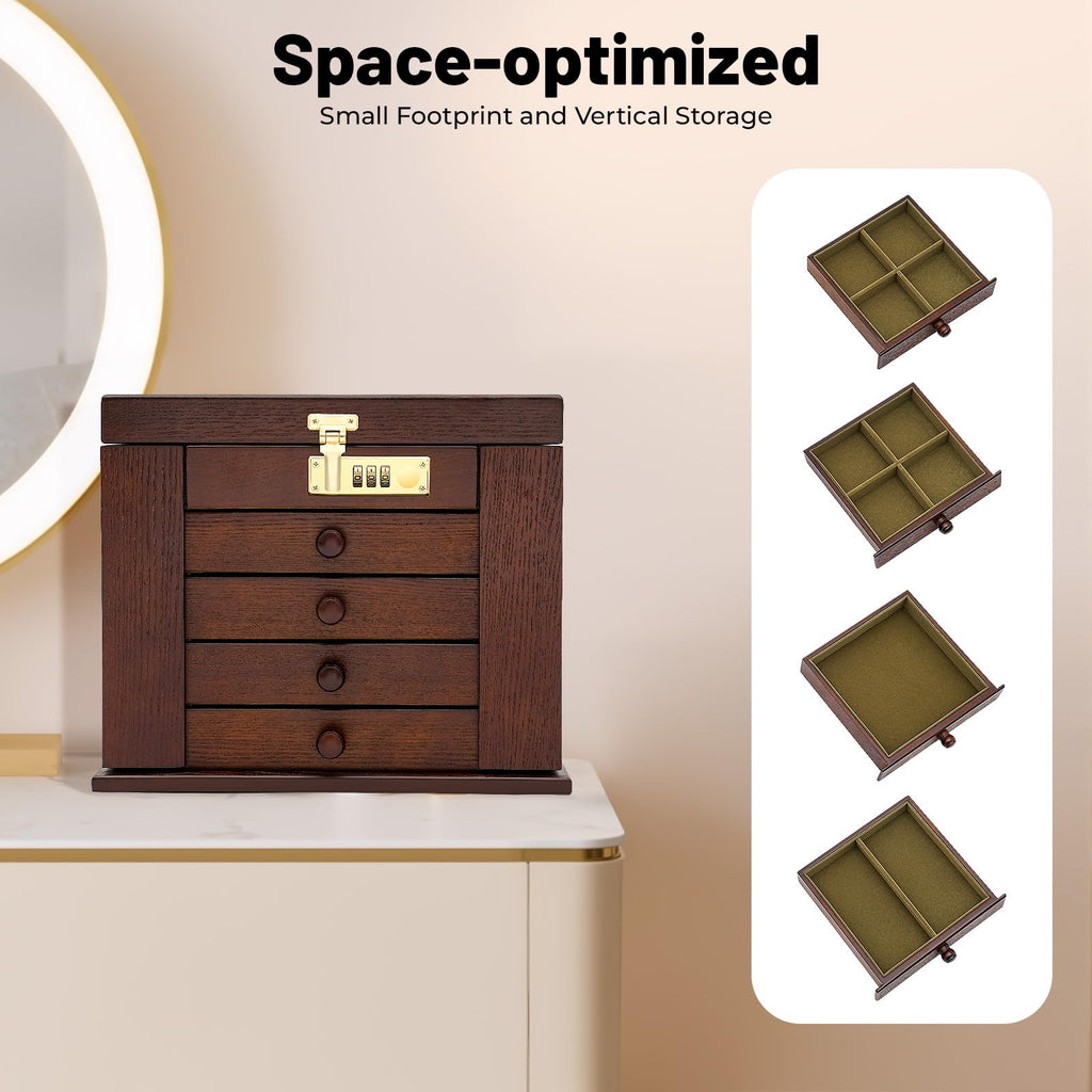 Extra Large 5 Layers Wooden Jewelry Box Jewelry Case Cabinet Armoire Ring Necklacel Gift Storage Box Organizer(5