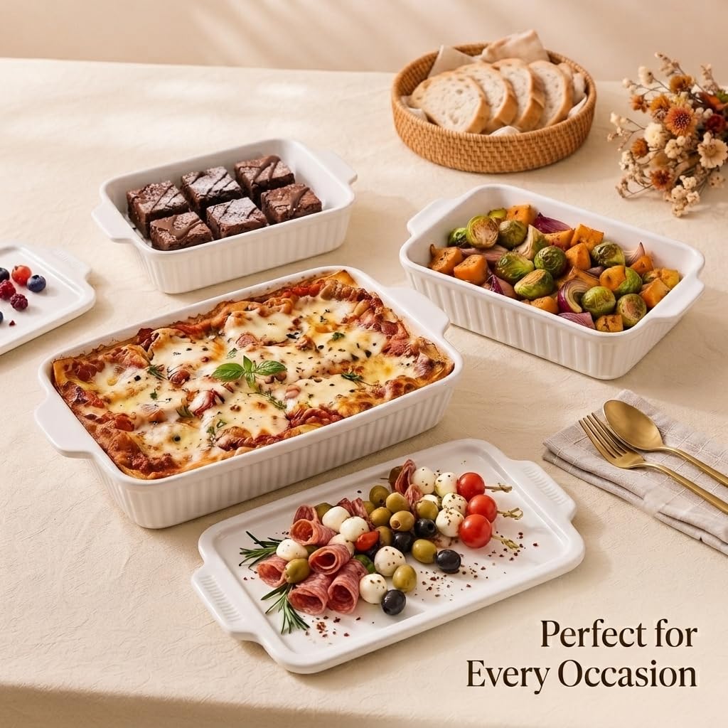 Rectangular Ceramic Baking Dish Set with Lids, Casserole Dishes for Oven