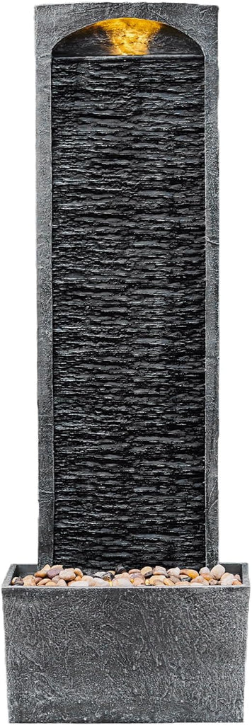 38.5" Faux Slate Contemporary Outdoor LED Waterfall Fountain with Pebble Base, Gray/Black