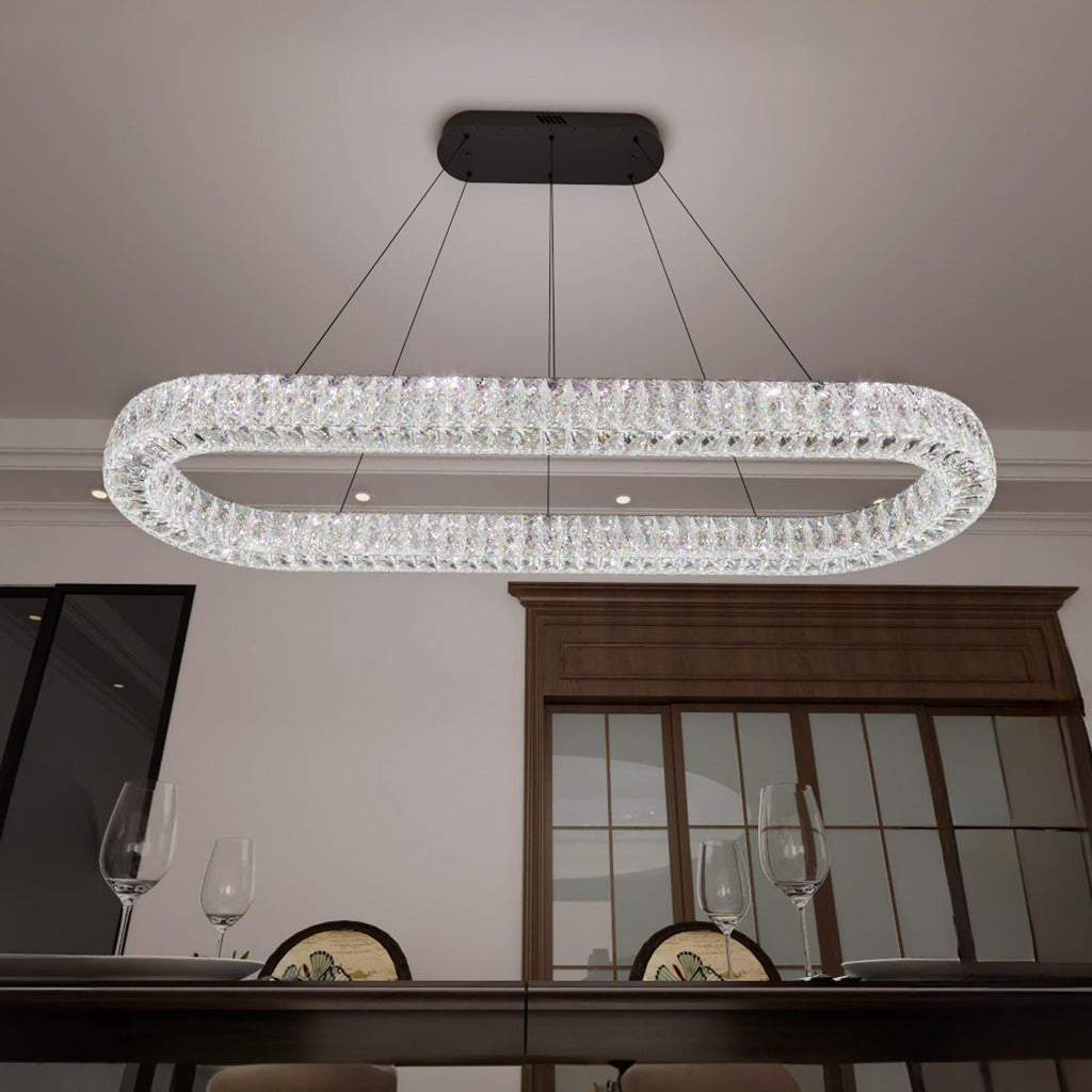 Modern Oval Crystal Chandelier Dimmable LED Chandeliers Rectangular Pendant Light Fixture with Remote Kitchen Island