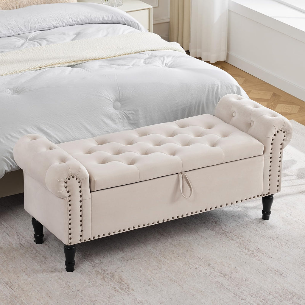 End of Bed Storage Bench Queen Size, 51'' Storage Bench End of Bed, Upholstered Velvet Tufted Storage Ottoman Benches