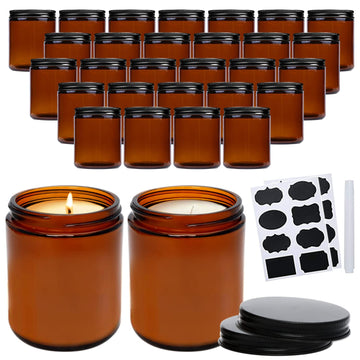8oz Amber Candle Jars Set of 30, Round Glass Jars with Black Lids, Empty 250ml Glass Candle Making Jar Bulk Thick Small