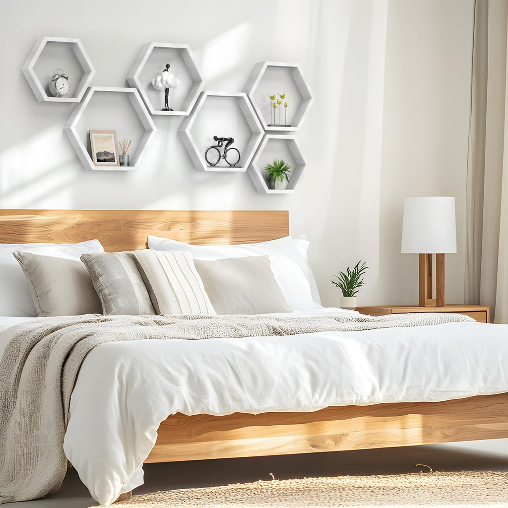 Hexagon Floating Shelves Set of 3, White Wooden Hexagon Shelves for Wall Decor, Modern Honeycomb Floating Hanging