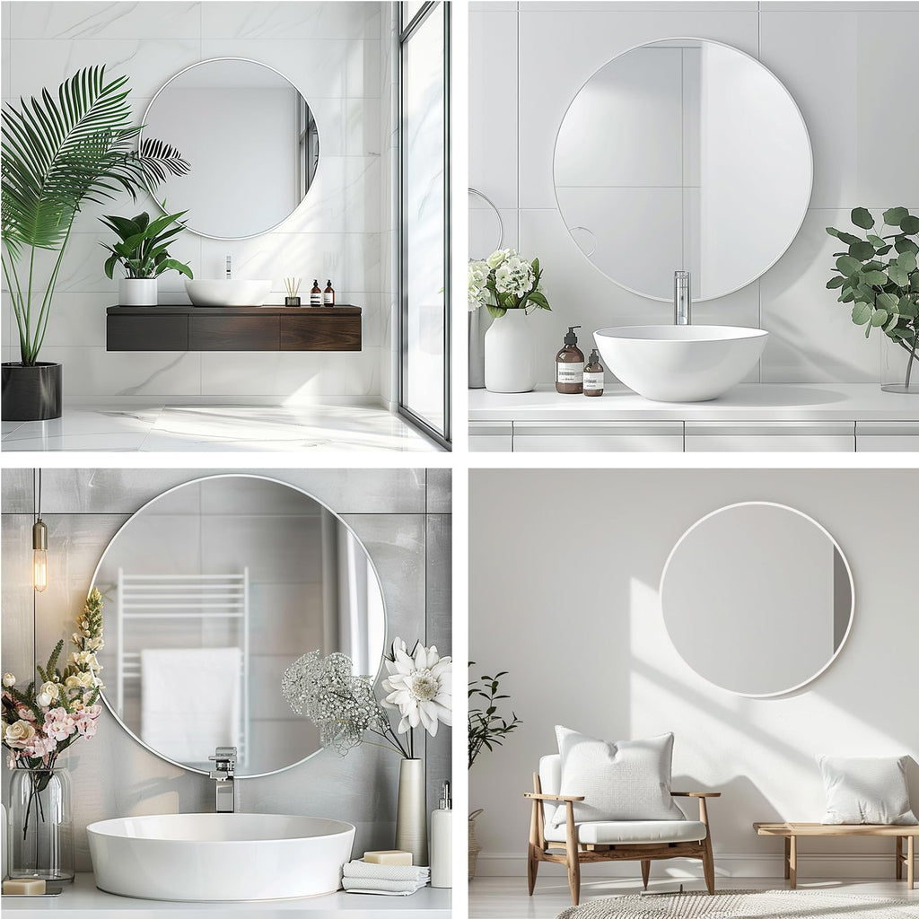 Round Bathroom Mirror, Circle Mirror, White, 24" L x 24" W, 1 Pack