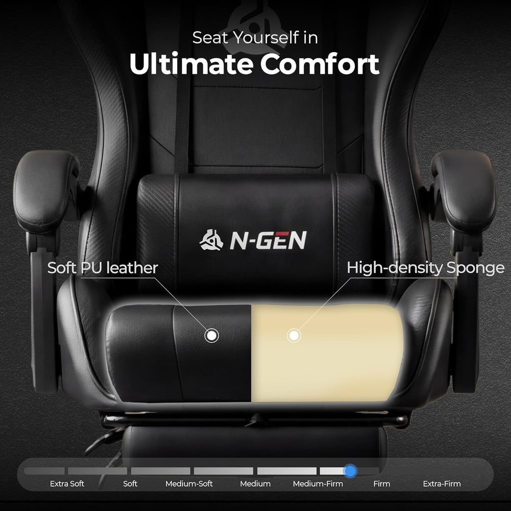 Gaming Chair with Footrest, Lumbar Support, High-Back, Black | Reclining Backrest, Linkage Armrests, Durable PU