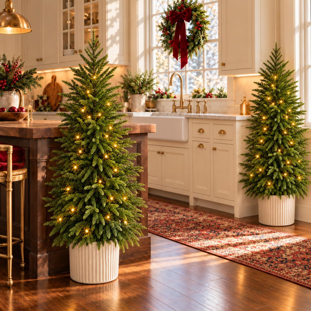 4FT Norfolk Pine Christmas Trees with Lights, 2Pack Potted Xmas Trees