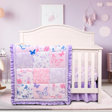 3 Pieces Crib Bedding Set for Girls,Purple Butterfly Baby Crib Set