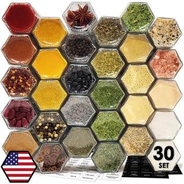 30 Set Magnetic Spice Jars for Refrigerator Hexagon Glass Spice Jars with Magnetic Lids, Shaker, Spice Labels
