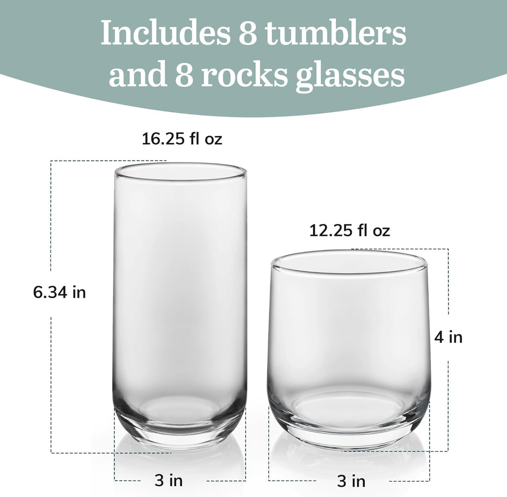 Ascent Tumbler and Rocks Drinking Glasses Set of 16, Glass Drinking Glasses with Curvature, Versatile Glassware Set
