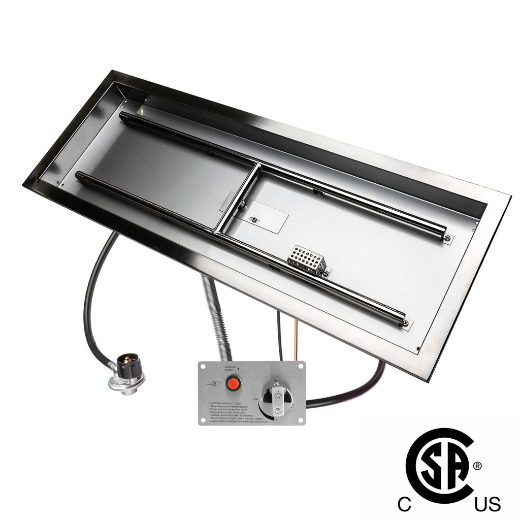 36" x 12" CSA Certified Fire Pit Burner Kit, Commercial Grade 16 Gauge 304 Stainless Steel, Flame Sensing Safety