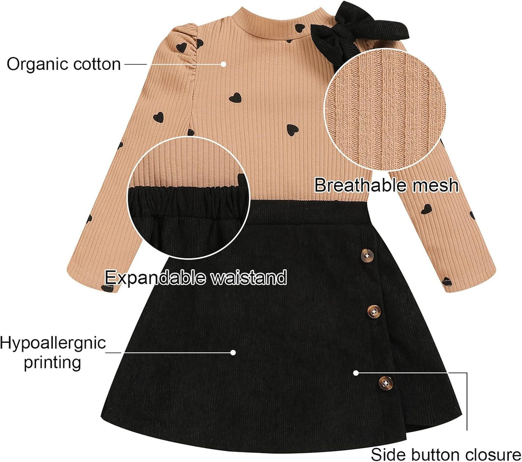 Toddler Girl Plaid Outfits Fall Winter Dress Knit Ribbed Bow Sweatshirt Tops and Button Fashion Skirts Set