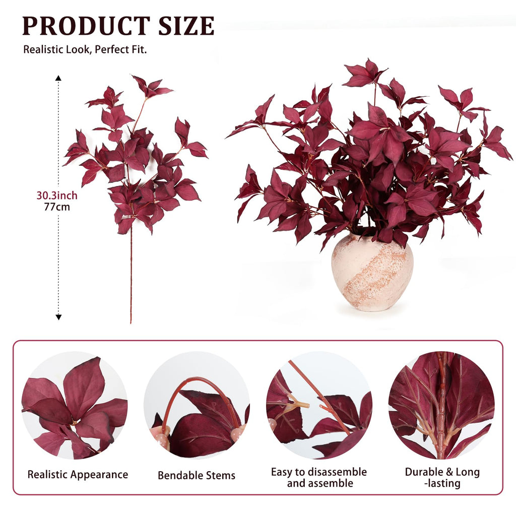 4 Pcs Artificial Fall Stems, Realistic Burgundy Eucalyptus Leaves