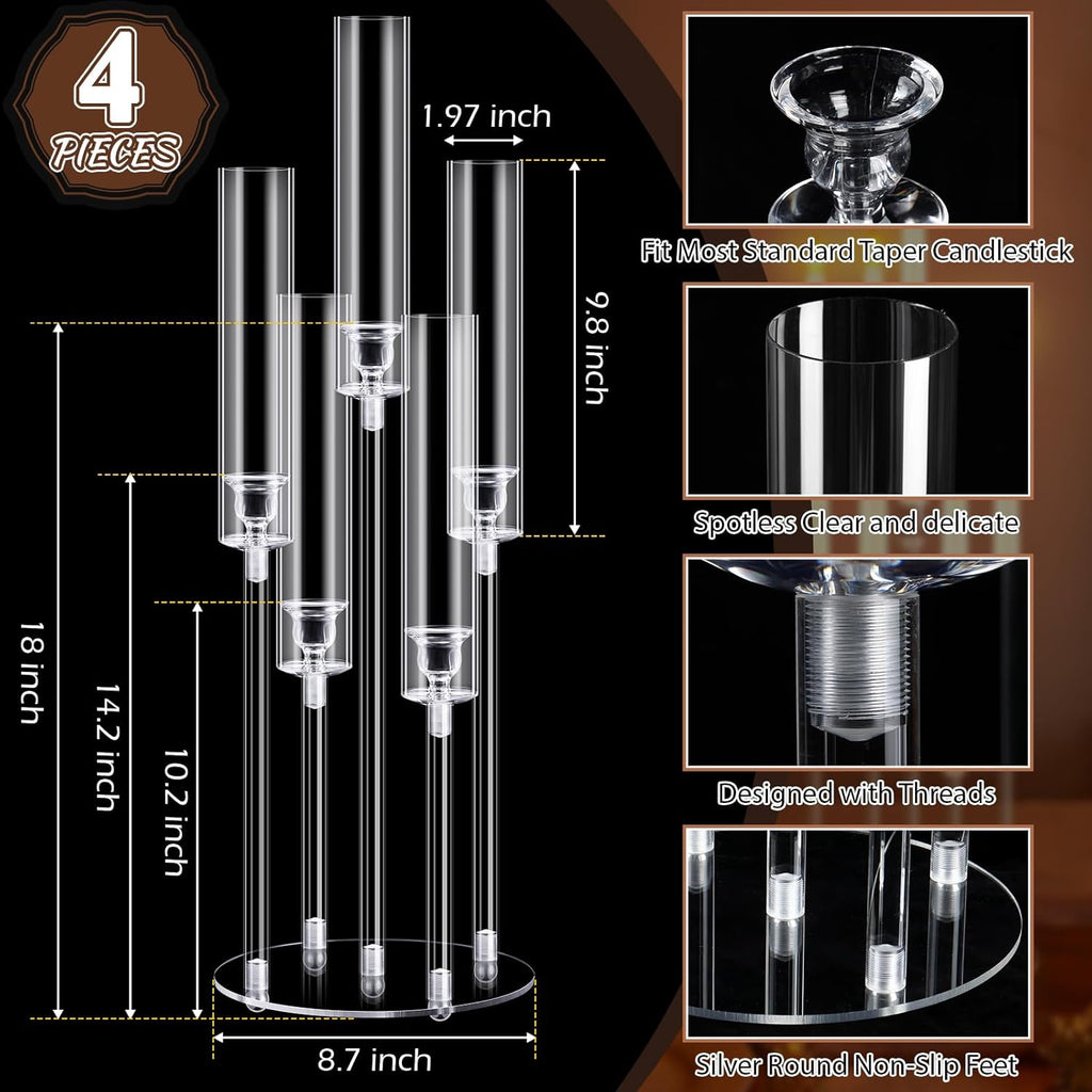 4 Pcs Acrylic Candelabra Centerpieces Candle Holder Crystal 5 Arm Candlesticks Holder with Acrylic Shade Pillar Taper