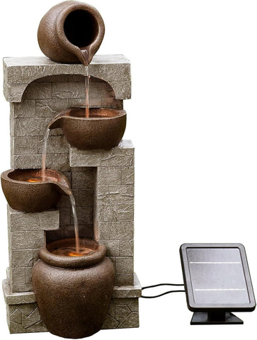 28 in. Cascading Bowls and Stacked Stones LED Outdoor Water Fountain Living Spaces to Create a Calming Oasis