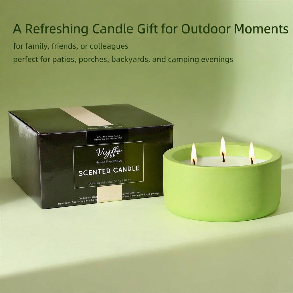 Large Citronella & Lemon Candle Outdoor, 3 Wick 20oz Scented Candle Indoor, Non Toxic Soy, Green Ceramic Jar, Deck