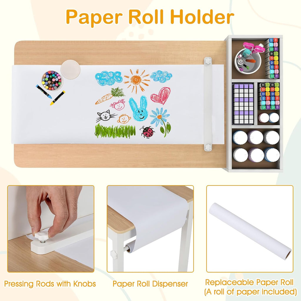 Kids Art Table and Chair Set with Storage and Paper Roll, Natural