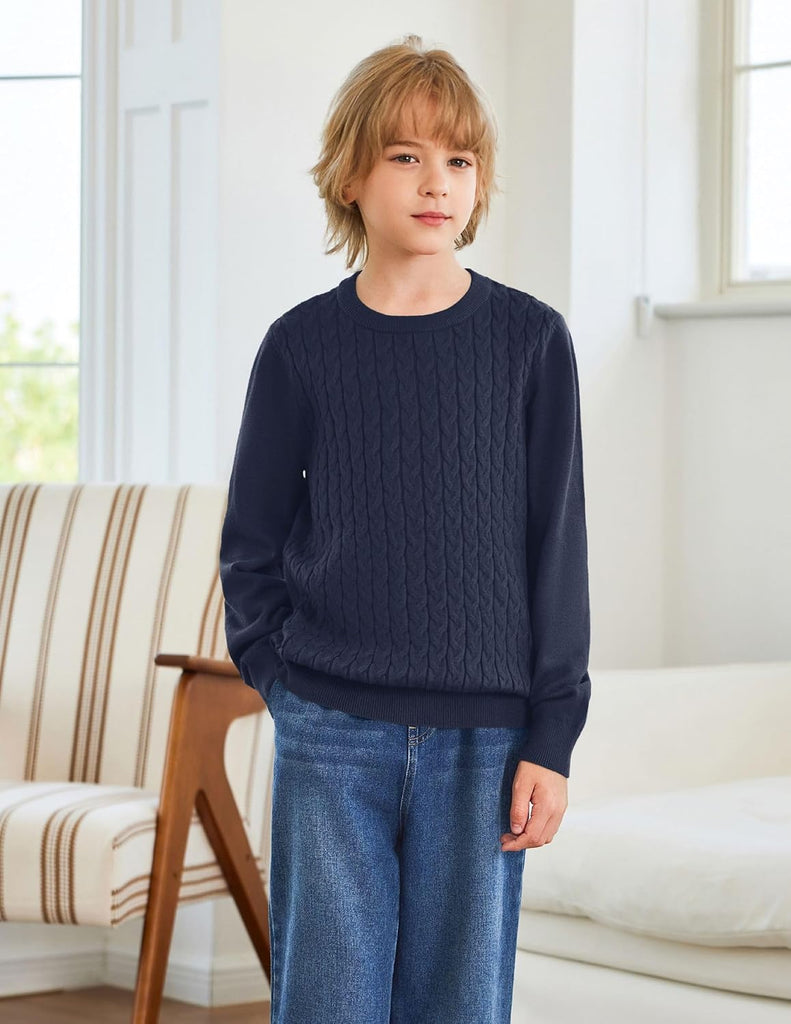 Boys Sweater Long Sleeve Cable Knit Crewneck Pullover Winter Tops