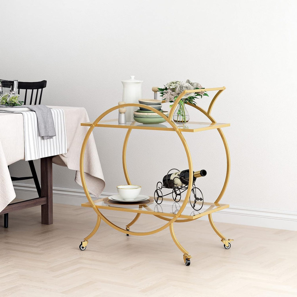 Gold Bar Carts for The Home Bar Serving Cart, Rolling Bar Cart Gold with Lockable Caster Wheels, Glass Bar Carts with
