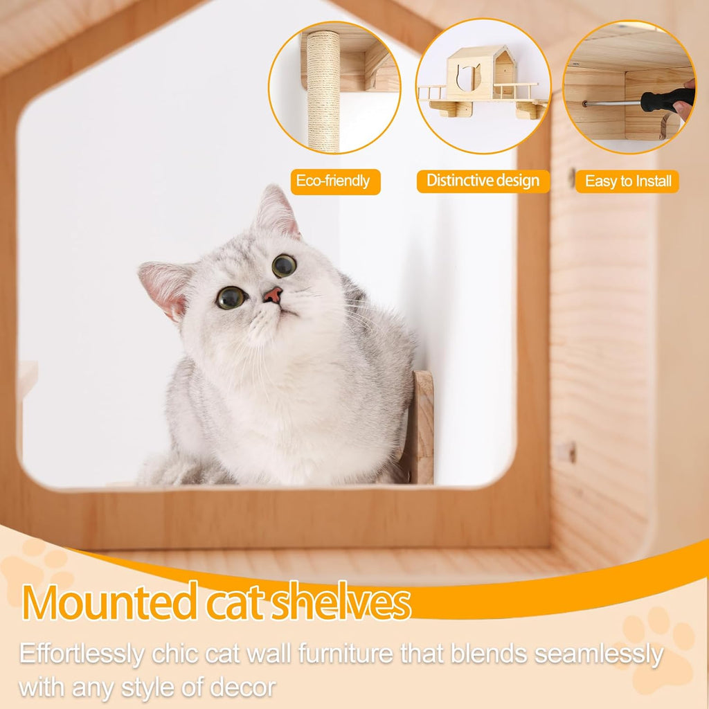 Cat Shelves for Wall - Cat Climbing Furniture Set for Large Cats with House, Bridge Ladder, 3 Scratching Posts & 5