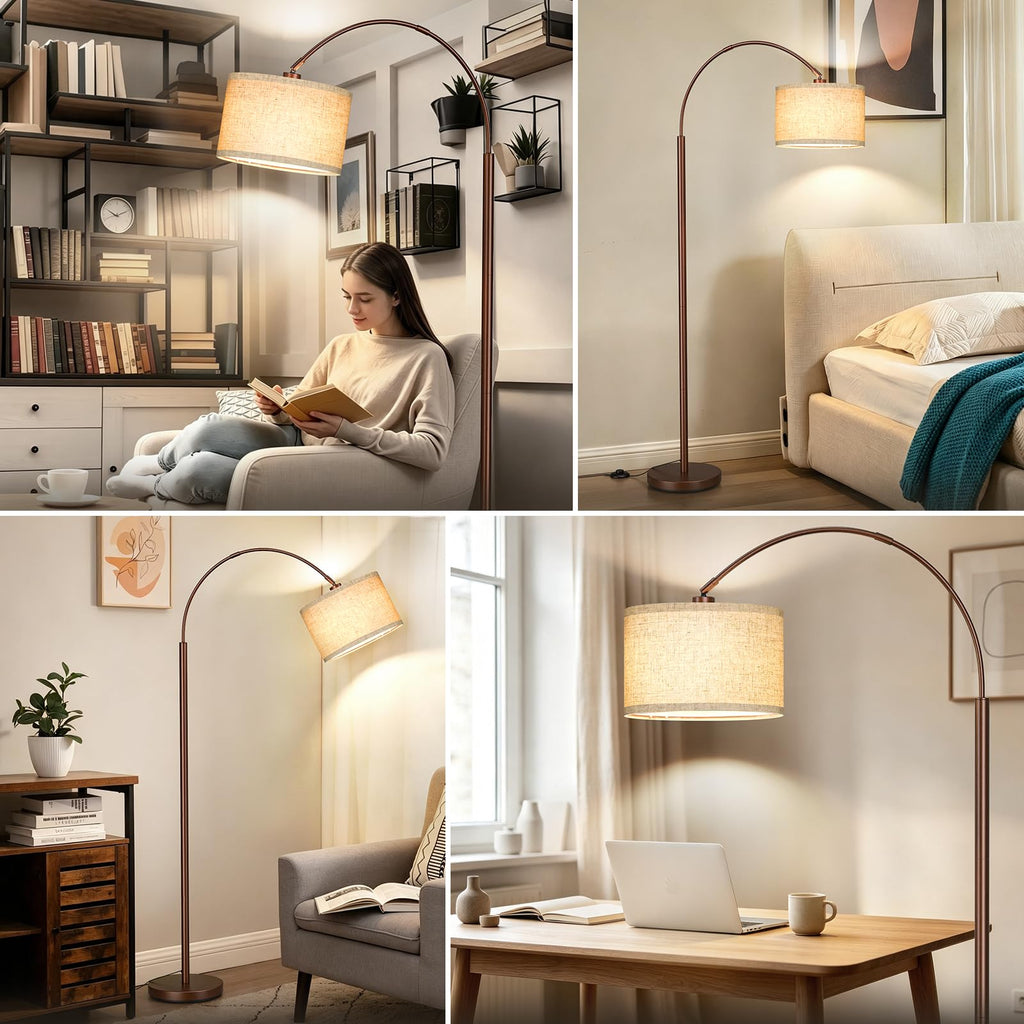 Arc Floor Lamps, Brown Standing Lamp with Linen Shade