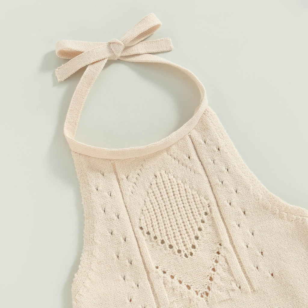 Toddler Baby Girl Summer Outfit Solid Color Tie-Up Halter Neck Knit Sweater Romper Denim Short Headband 3Pcs Clothes