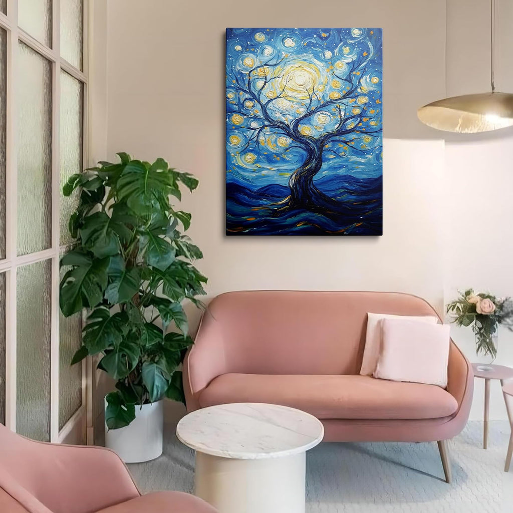 Framed Van Gogh Canvas Wall Art Set, Colorful Abstract Tree of Life & Starry Night Paintings, Boho Wall Decor, Blue