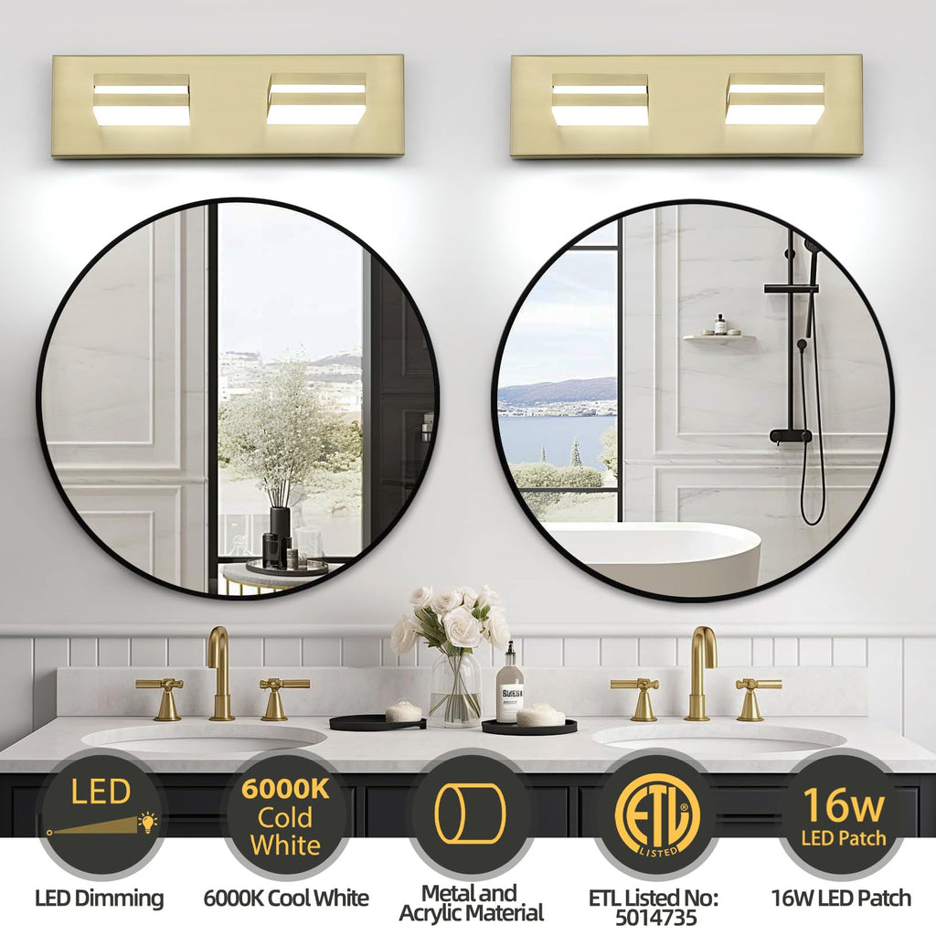 2 Light Bathroom Vanity Light Gold Modern 16W LED Dimmable Vanity Light Over Mirror 350° Adjustable Lamp Head Cold