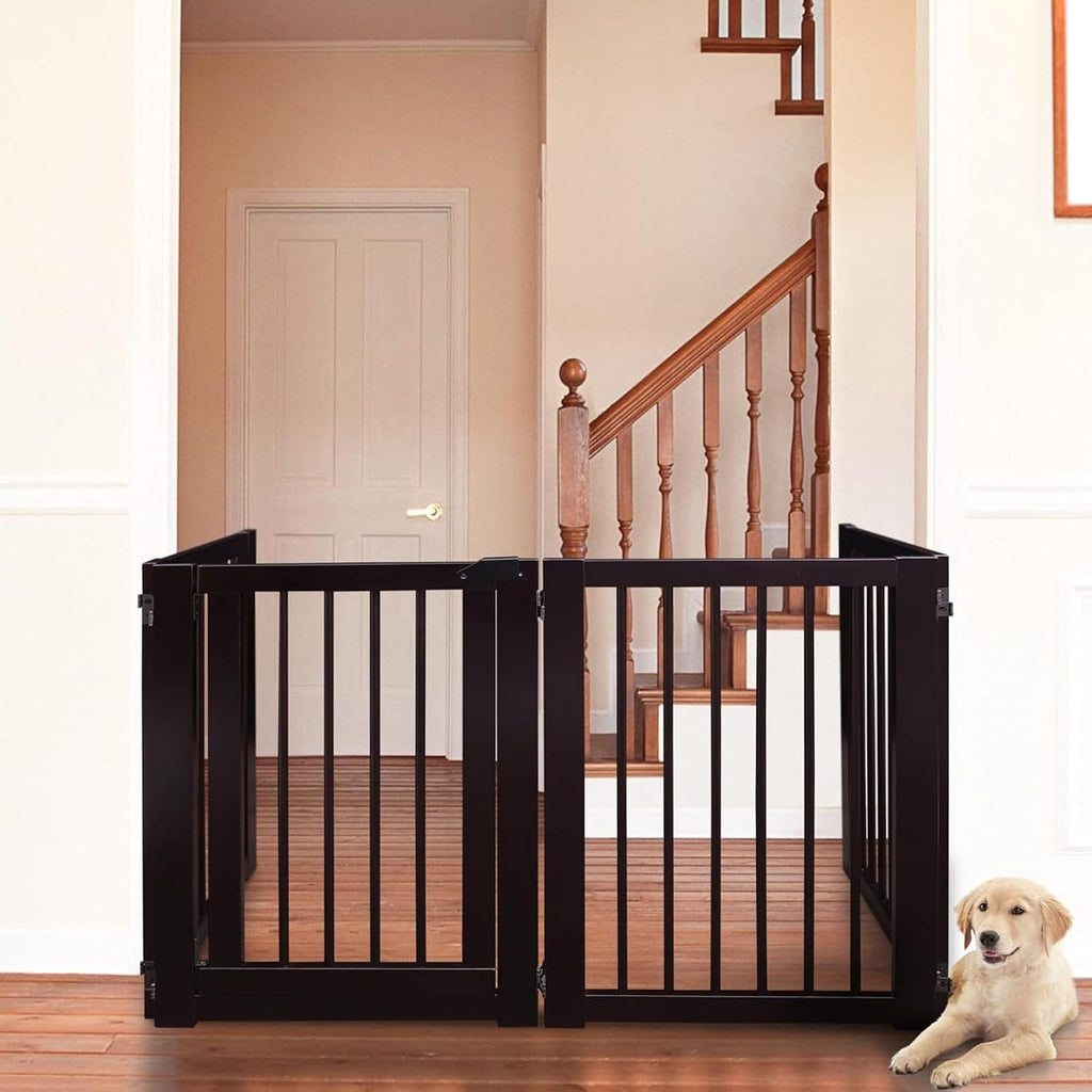 Freestanding Wooden Pet Gate with Door Adjustable Dog Barrier Portable Indoor Safety Fence for Pets Durable Wood