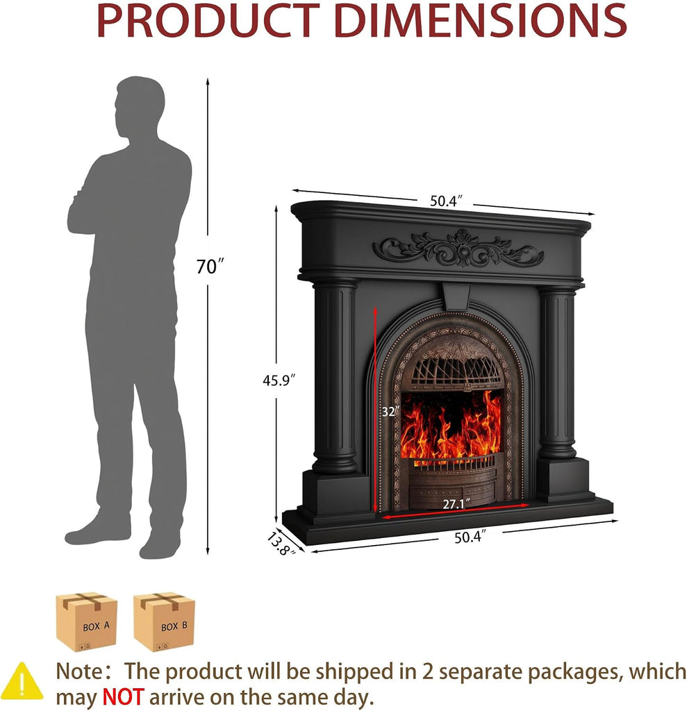 Electric Fireplace with Mantel, Solid Wood 51Inch Black TV Stand with Fireplace for Living Room, Vintage Style