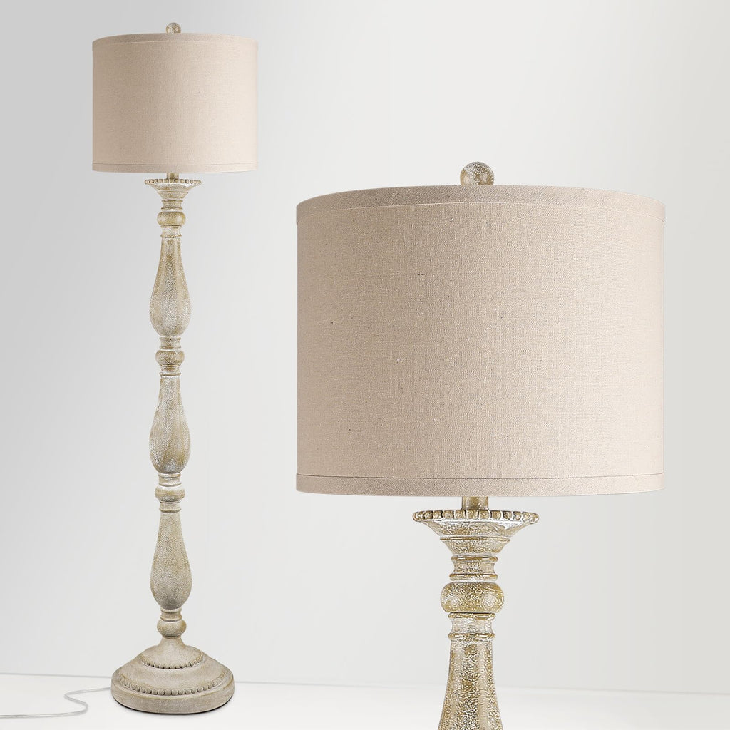 Vintage Floor Lamp, Rustic Farmhouse Standing Lamp with Rotary Switch and Linen Shade, Retro Resin Floor Lamp