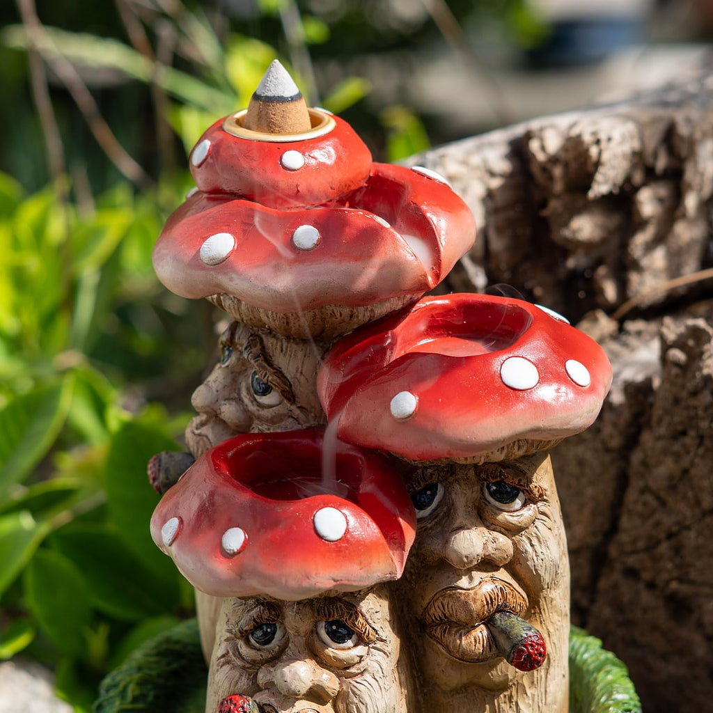 Whimsical Toadstool Mushroom Backflow Incense Burner with Faces, Red and White Polka Dot Design, Garden Gnome Style