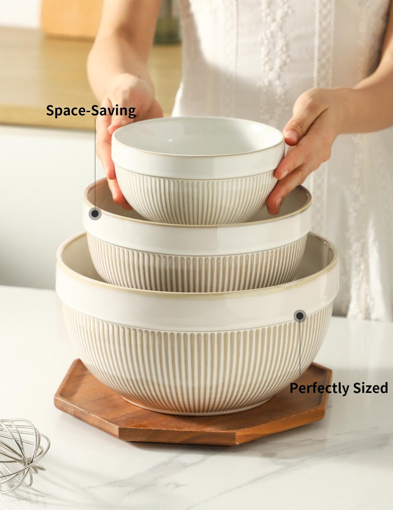 Large Ceramic Mixing Bowls, Glazed White Kitchen Bowl (10"/8"/6"), Set of 3 Nesting Bowls for Baking, Cooking