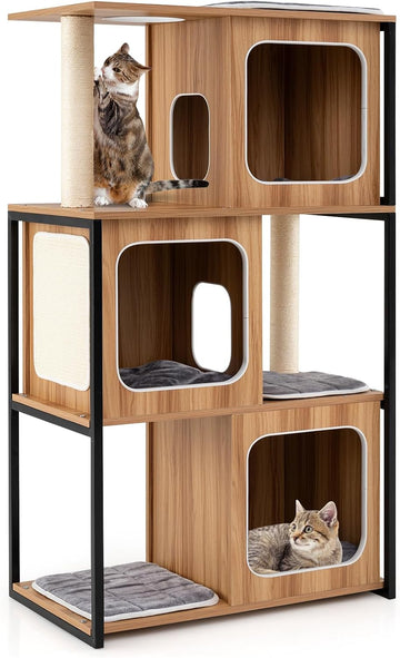52-inch Wood Cat Tree for Indoor Cats, Multi-Level Solid Metal Framed Wooden Cat Tower with Sisal Scratching Posts