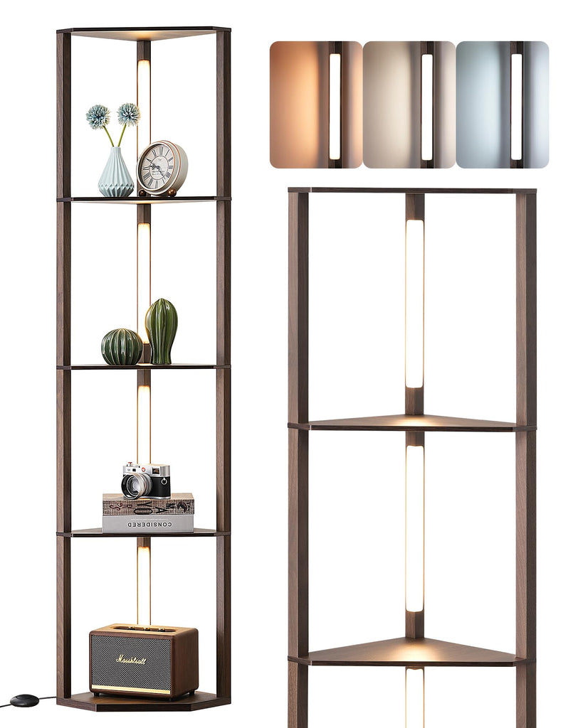 LED Corner Floor Lamp with Shelves, 3CCT, Walnut
