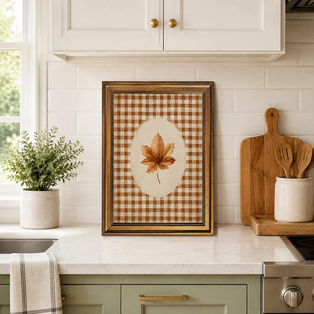Gold Framed Autumn Leaf Canvas Wall Art Print Gingham Fall Botanical Painting Rustic Cottagecore Farmhouse Picture