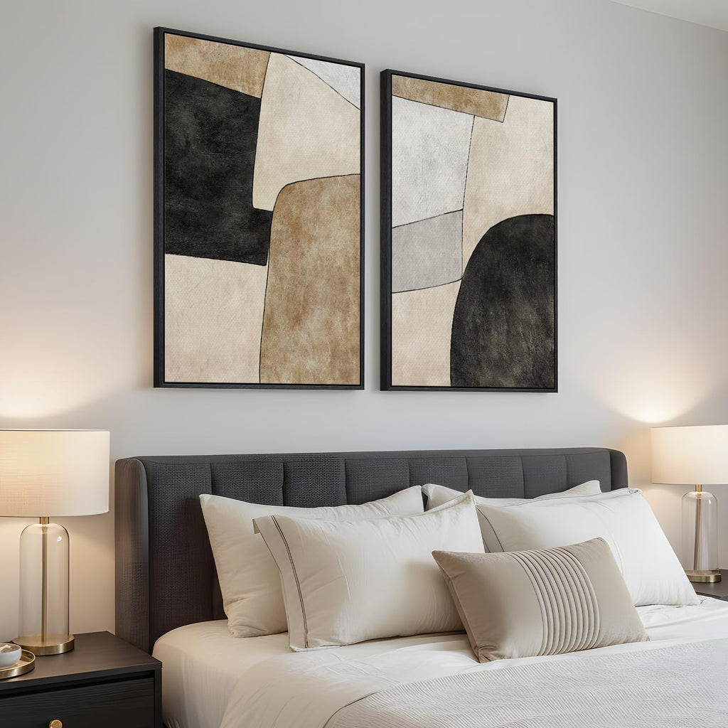 Framed Beige Black Mid century Abstract Wall Art, 24x36 In