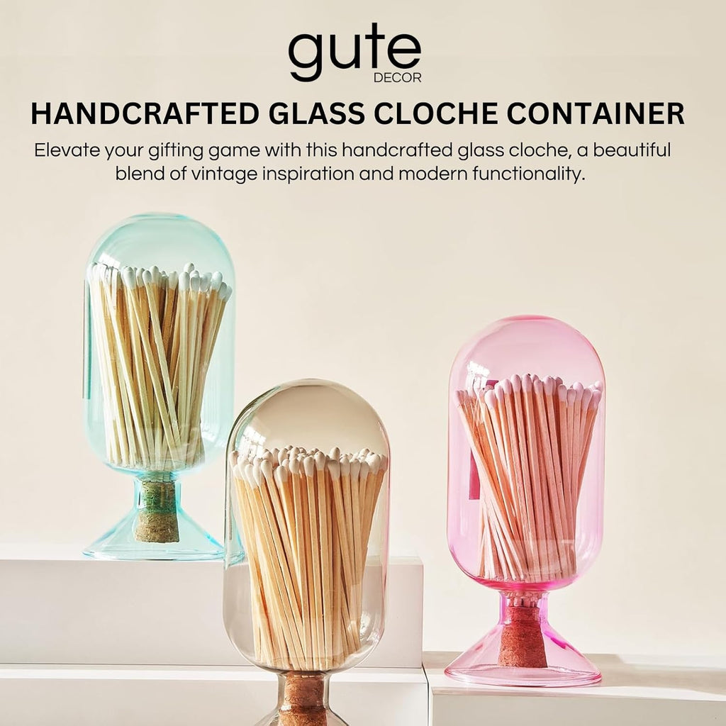 Includes 100 Match Sticks Glass Match Cloche with Striker - Pink with Cork Stopper - Fireplace, Home, Living Room - Set of 102