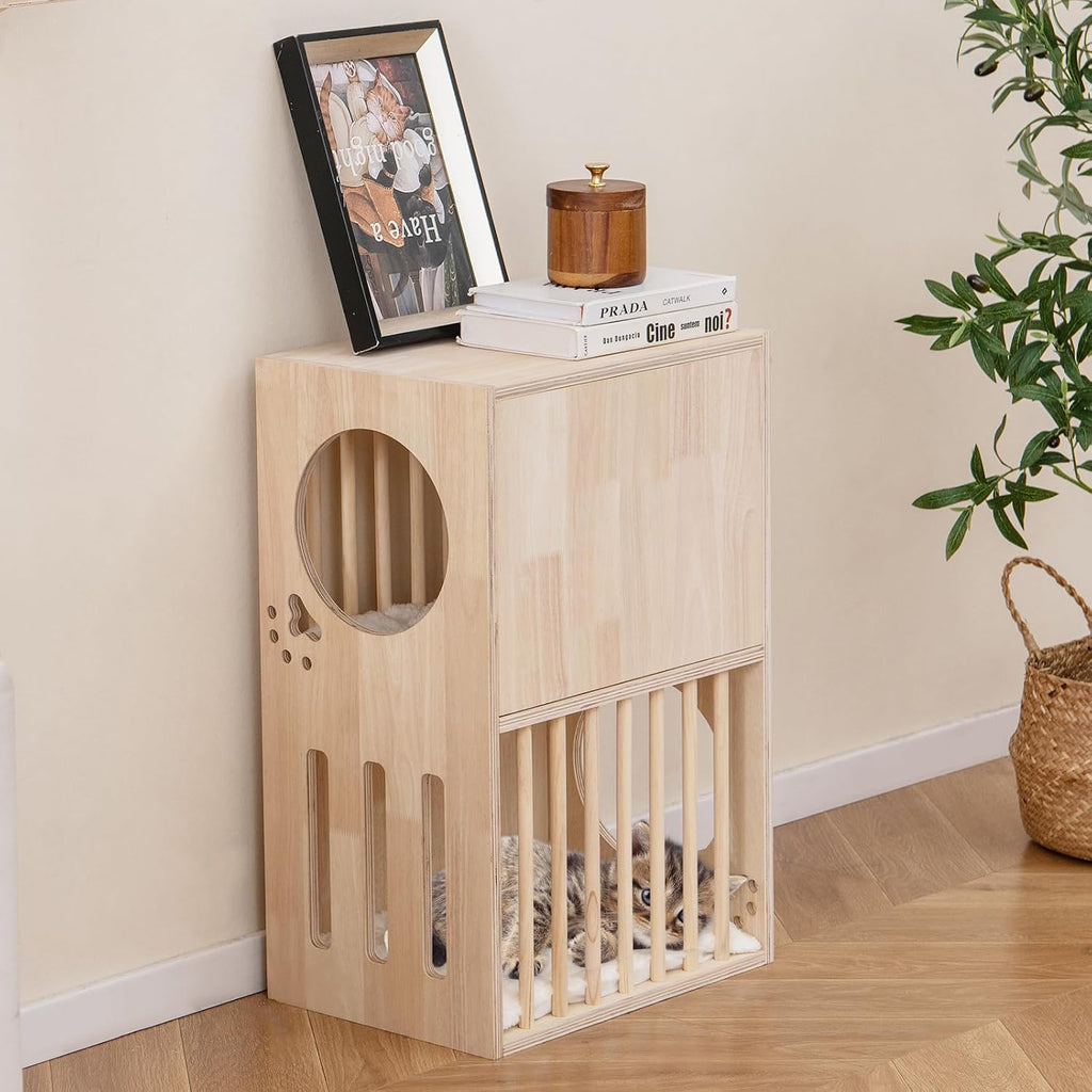 2-Tier Luxury Wood Cat House, Wooden Kitten Cage Condo with 2 Washable Plush Cushions, 2 Access Holes, Indoor Pet