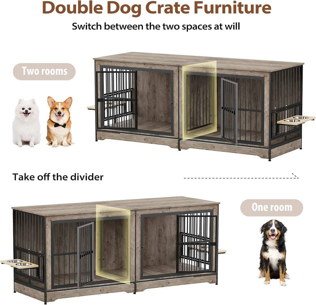 78 Double Dog Crate Furniture for 2 Large Dogs Indoor, Wooden Furniture Dog Crates with Dog Bowl, Dog Kennel