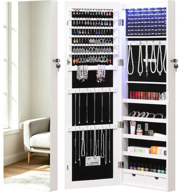 Mirror Jewelry Cabinet, Wall & Over The Door Mount Jewelry Organizer Storage, Jewelry Armoire with Auto LED Lights