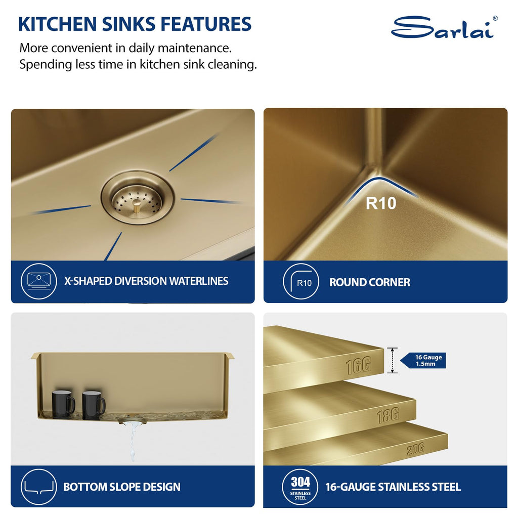 Gold Undermount Kitchen Sink - 28 Inch Kitchen Sink Undermount Gold Stainless Steel Single Bowl 28" x 19" Under-Mount