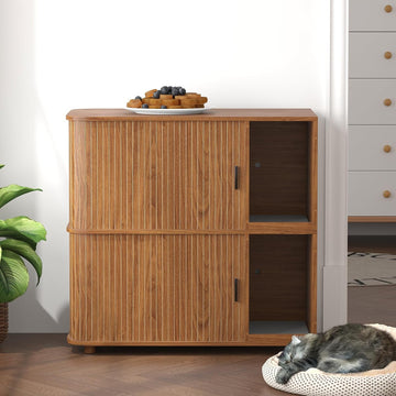 Double Cat Litter Box Enclosure with Sliding Doors & Ventilation, Walnut