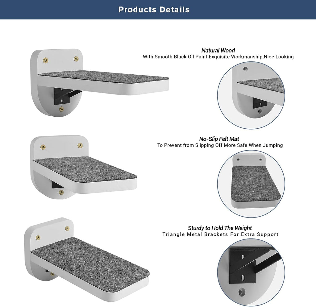 Set of 3 White Cat Wall Climbing Steps, Wall Mount Floating Shelves