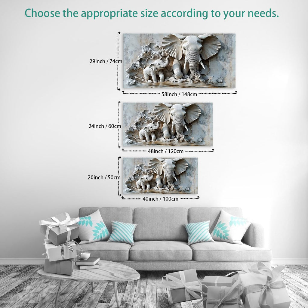 Warm Mother & Baby Elephant Texture Art Picture - Frameless Canvas Wall Art Painting, Family Room, Hallway - 58'' x