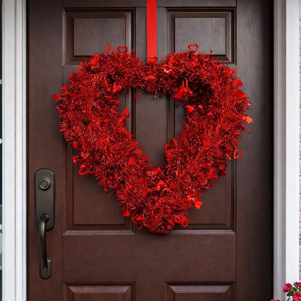 Valentine's Day Wreath for Front Door, Tinsel Heart Shaped Wreath Hanging Wall Decorations - 14 Inches, Valentines