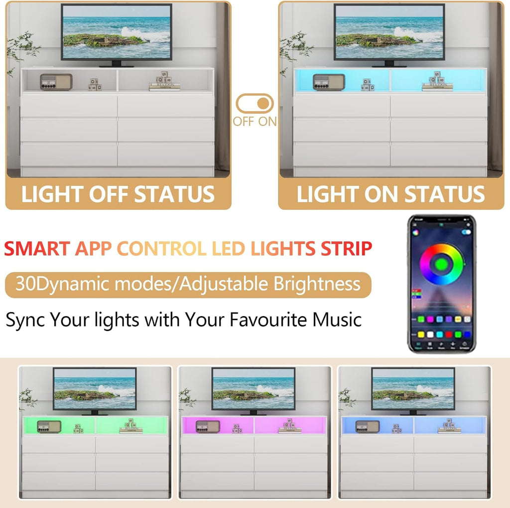 White 6 Drawers Double Dresser with Power Outlet & LED Light
